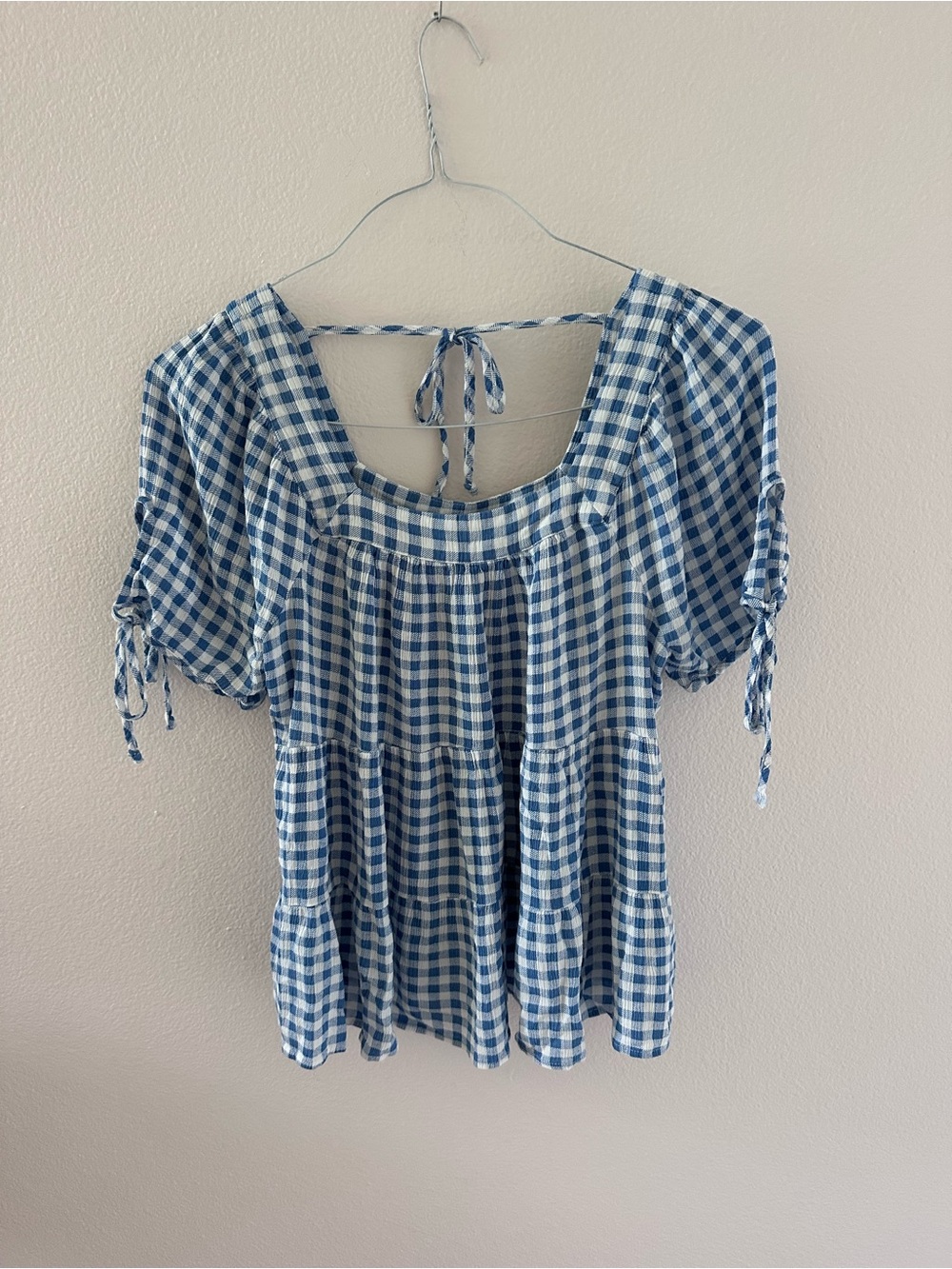 Maurices Blue and White Gingham Peasant Blouse